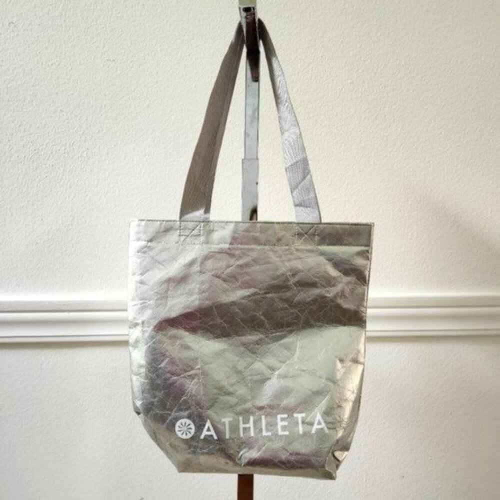 Athleta silver reusable bag. Metallic silver with grey/silver nylon stra…